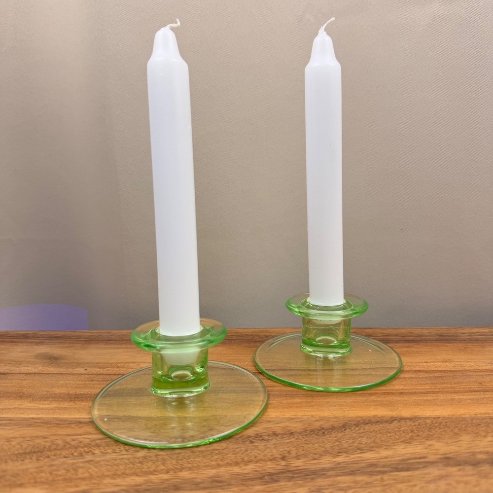 Fenton 314 Green Uranium Glass Candlestick Holders Pair Vintage Vaseline Glow